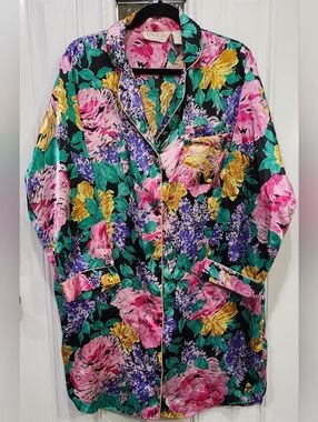 Vintage 80s Adolfo Classics Colorful Floral Print Nightshirt Women's Large